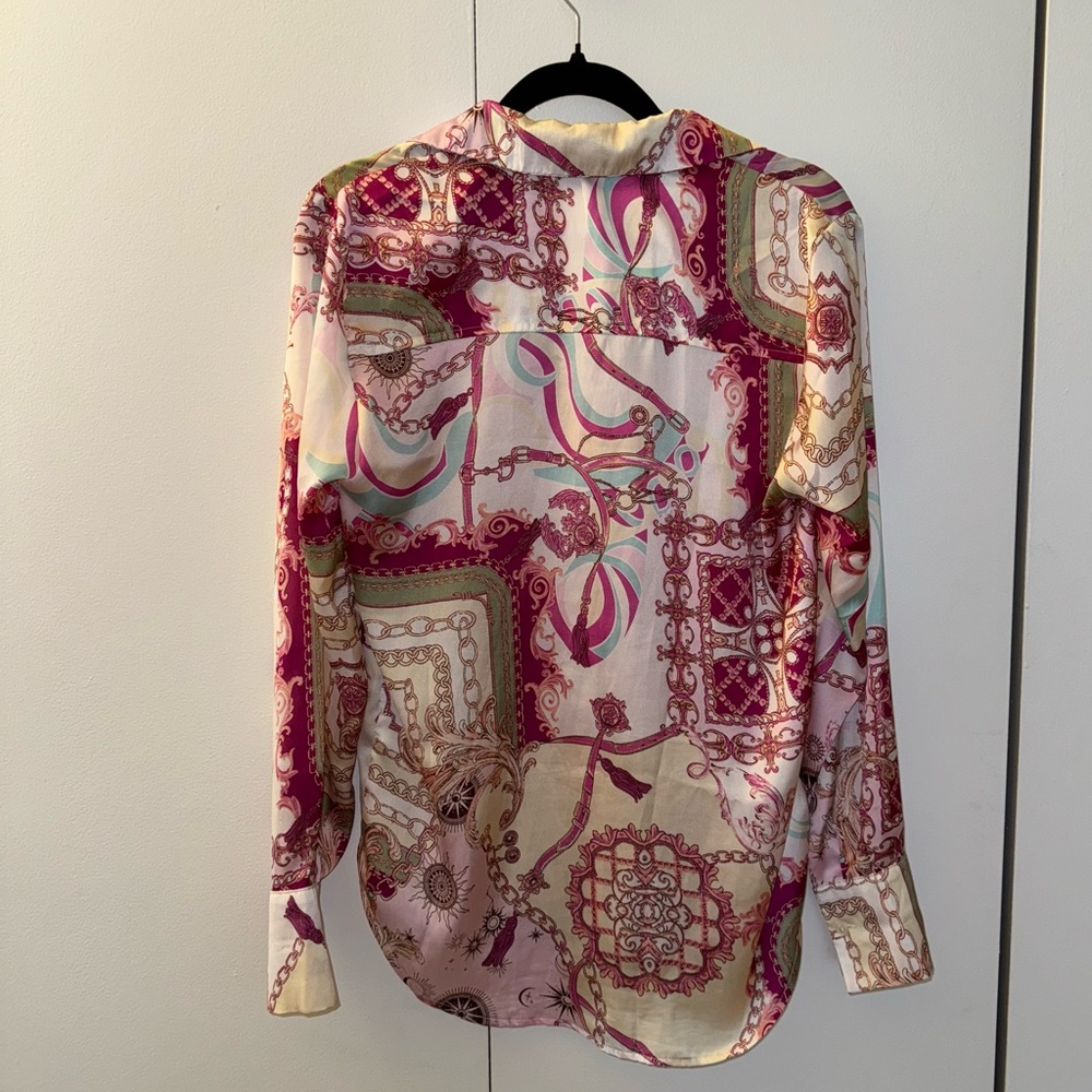 Fashion Nova Spending Spree Satin Button Down Blouse | Pink/Combo - Picture 6 of 6